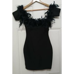 Banjul womens small pencil dress stretch black off shoulder 100% fur feather